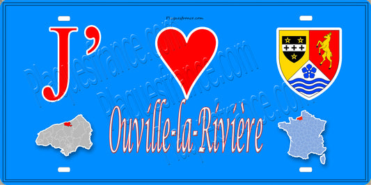 Plaque métal décorative 15x30 J' ❤️ Ouville-la-Rivière, Seine Maritime (76) bleu carte