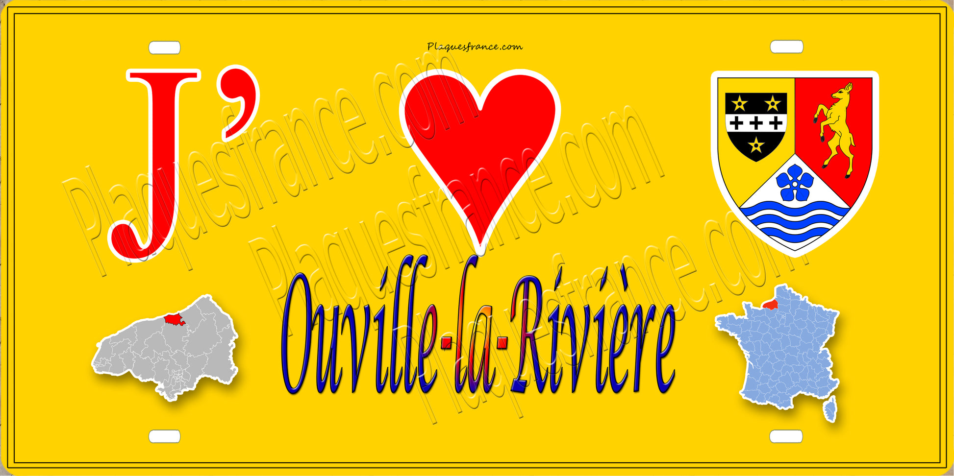 Plaque métal décorative 15x30 J' ❤️ Ouville-la-Rivière, Seine Maritime (76) jaune carte