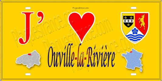 Plaque métal décorative 15x30 J' ❤️ Ouville-la-Rivière, Seine Maritime (76) jaune carte