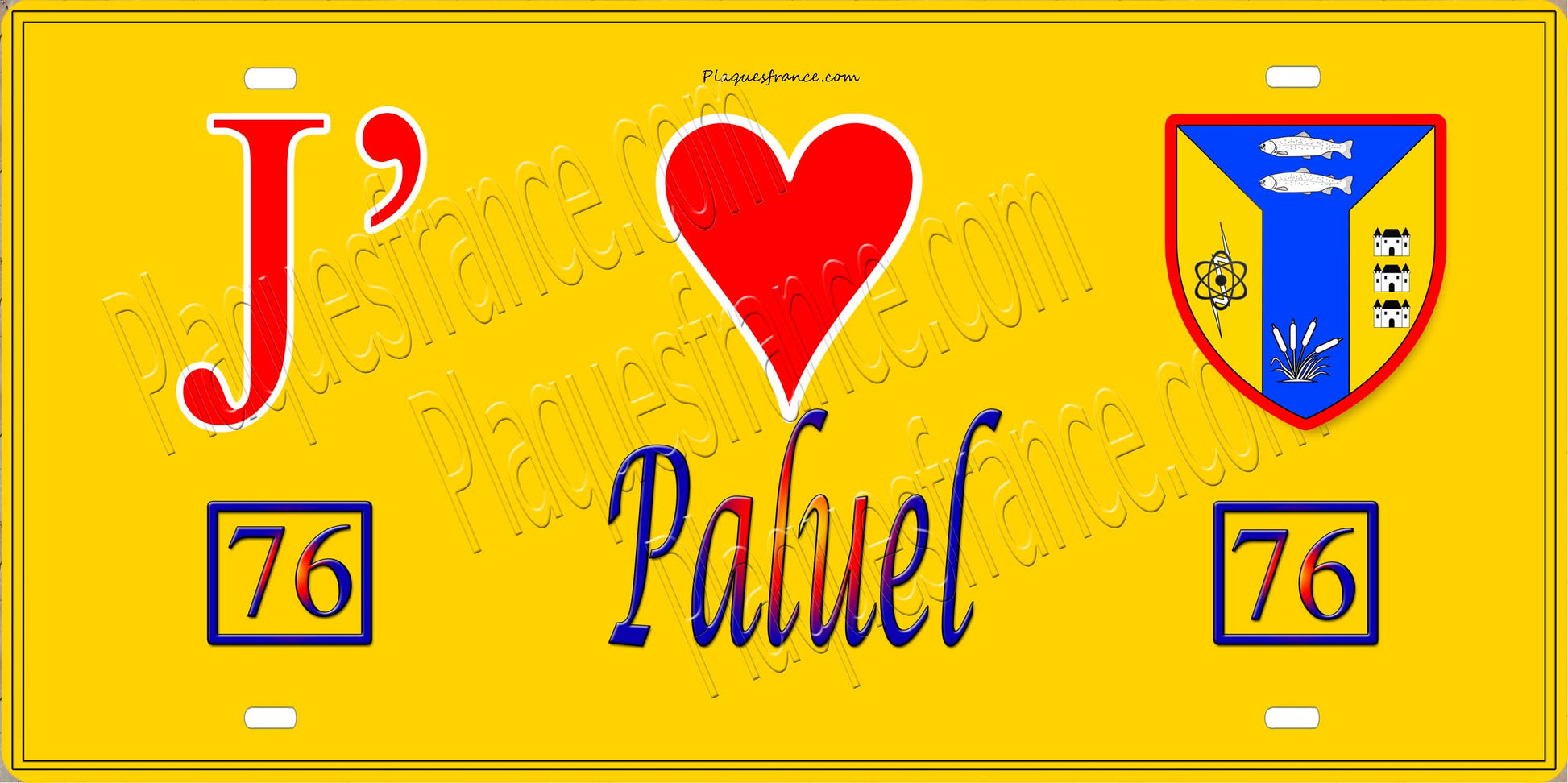 Plaque métal décorative 15X30 J' ❤️ Paluel, Seine Maritime (76) jaune