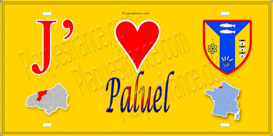 Plaque métal décorative 15X30 J' ❤️ Paluel, Seine Maritime (76) jaune carte