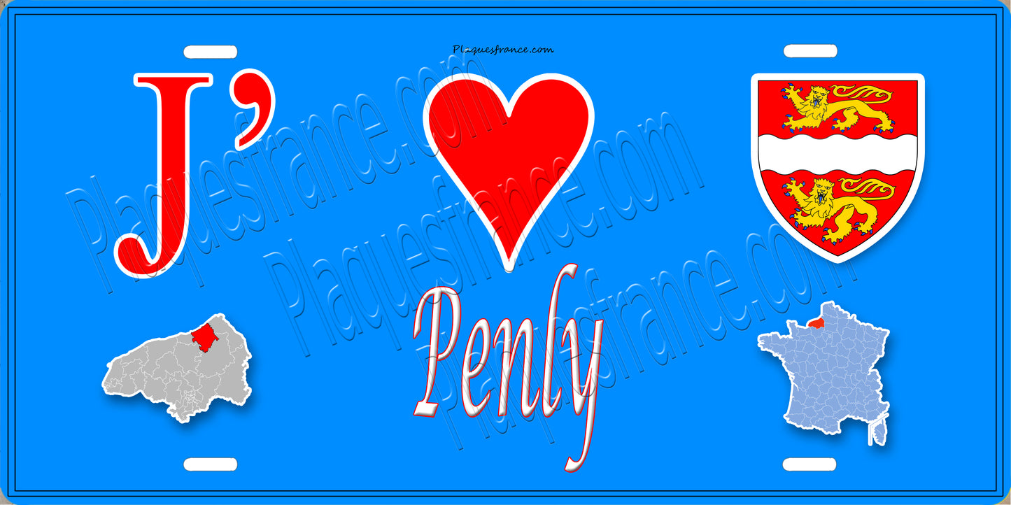 Plaque métal décorative  J' ❤️ Penly, Seine Maritime (76) bleu carte