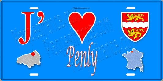 Plaque métal décorative  J' ❤️ Penly, Seine Maritime (76) bleu carte