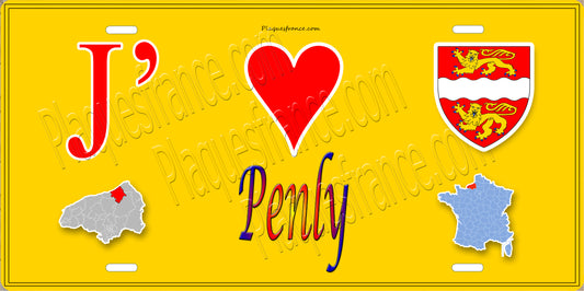 Plaque métal décorative  J' ❤️ Penly, Seine Maritime (76) jaune carte