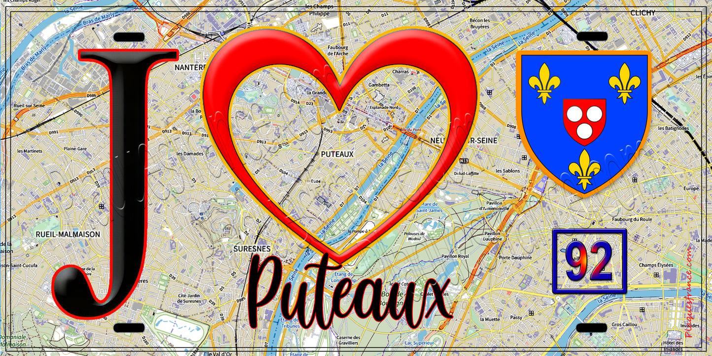 Plaque métal décorative  J' ❤️ Puteaux, Hauts de Seine (92) fond carte