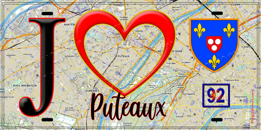 Plaque métal décorative  J' ❤️ Puteaux, Hauts de Seine (92) fond carte