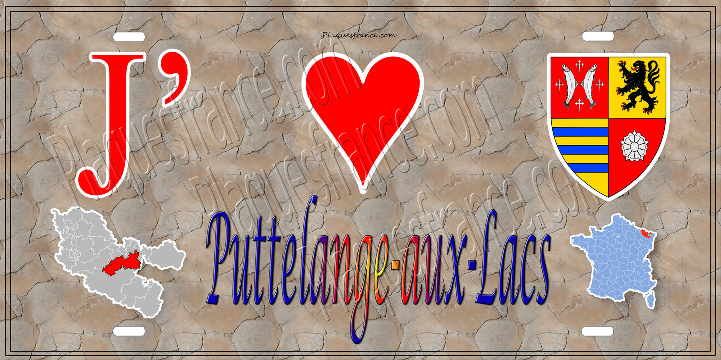 Plaque métal décorative 15 x 30 cm fond mur antique carte J' ❤️ Puttelange-aux-Lacs, canton Sarralbe Moselle 57