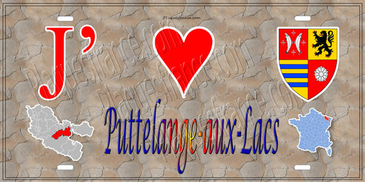 Plaque métal décorative 15 x 30 cm fond mur antique carte J' ❤️ Puttelange-aux-Lacs, canton Sarralbe Moselle 57