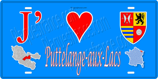 Plaque métal décorative 15 x 30 cm fond mur bleu carte J' ❤️ Puttelange-aux-Lacs, canton Sarralbe Moselle 57