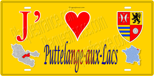 Plaque métal décorative 15 x 30 cm fond mur jaune carte J' ❤️ Puttelange-aux-Lacs, canton Sarralbe Moselle 57