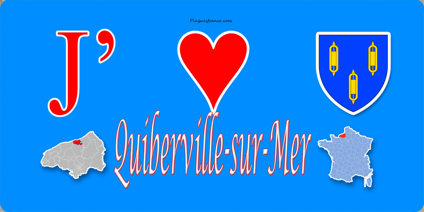Plaque métal décorative 15x30 J' ❤️ Quiberville-sur-Mer, Seine Maritime (76) bleu carte