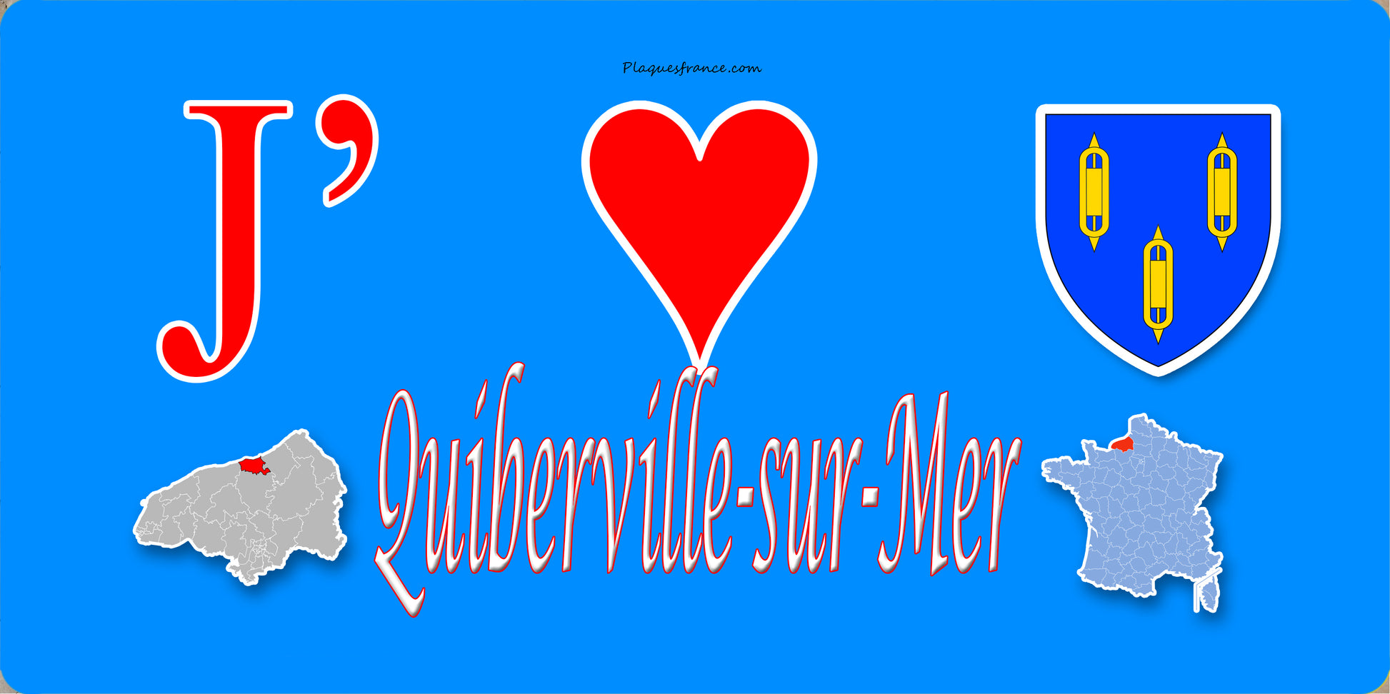 Plaque métal décorative 15x30 J' ❤️ Quiberville-sur-Mer, Seine Maritime (76) bleu carte