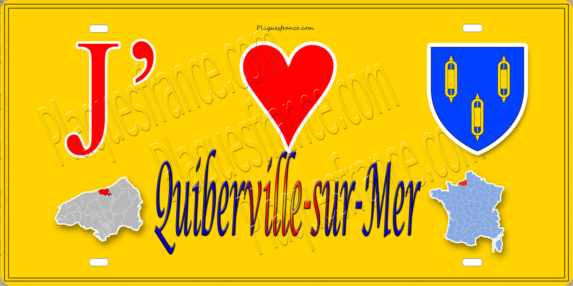 Plaque métal décorative 15x30 J' ❤️ Quiberville-sur-Mer, Seine Maritime (76) jaune carte