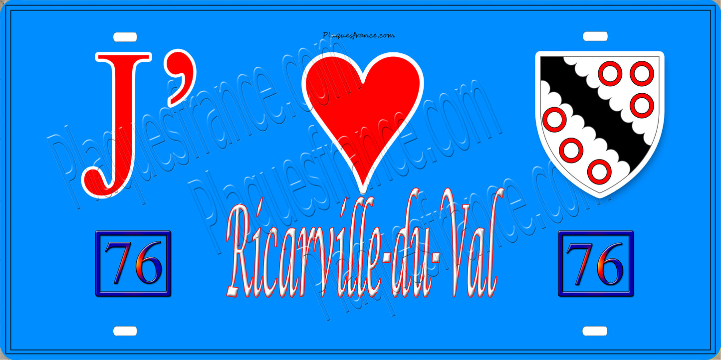 Plaque métal décorative  J' ❤️ Ricarville-du-Val, Seine Maritime (76) bleu