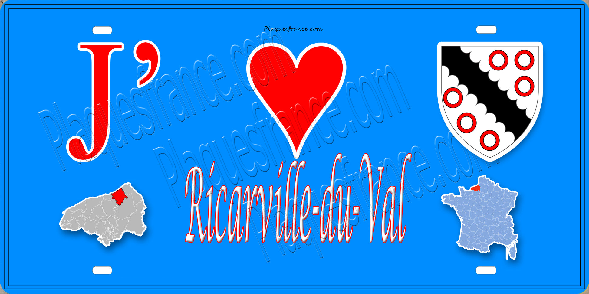 Plaque métal décorative  J' ❤️ Ricarville-du-Val, Seine Maritime (76) bleu carte