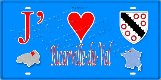 Plaque métal décorative  J' ❤️ Ricarville-du-Val, Seine Maritime (76) bleu carte