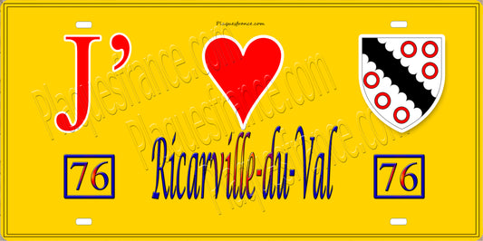 Plaque métal décorative  J' ❤️ Ricarville-du-Val, Seine Maritime (76) jaune