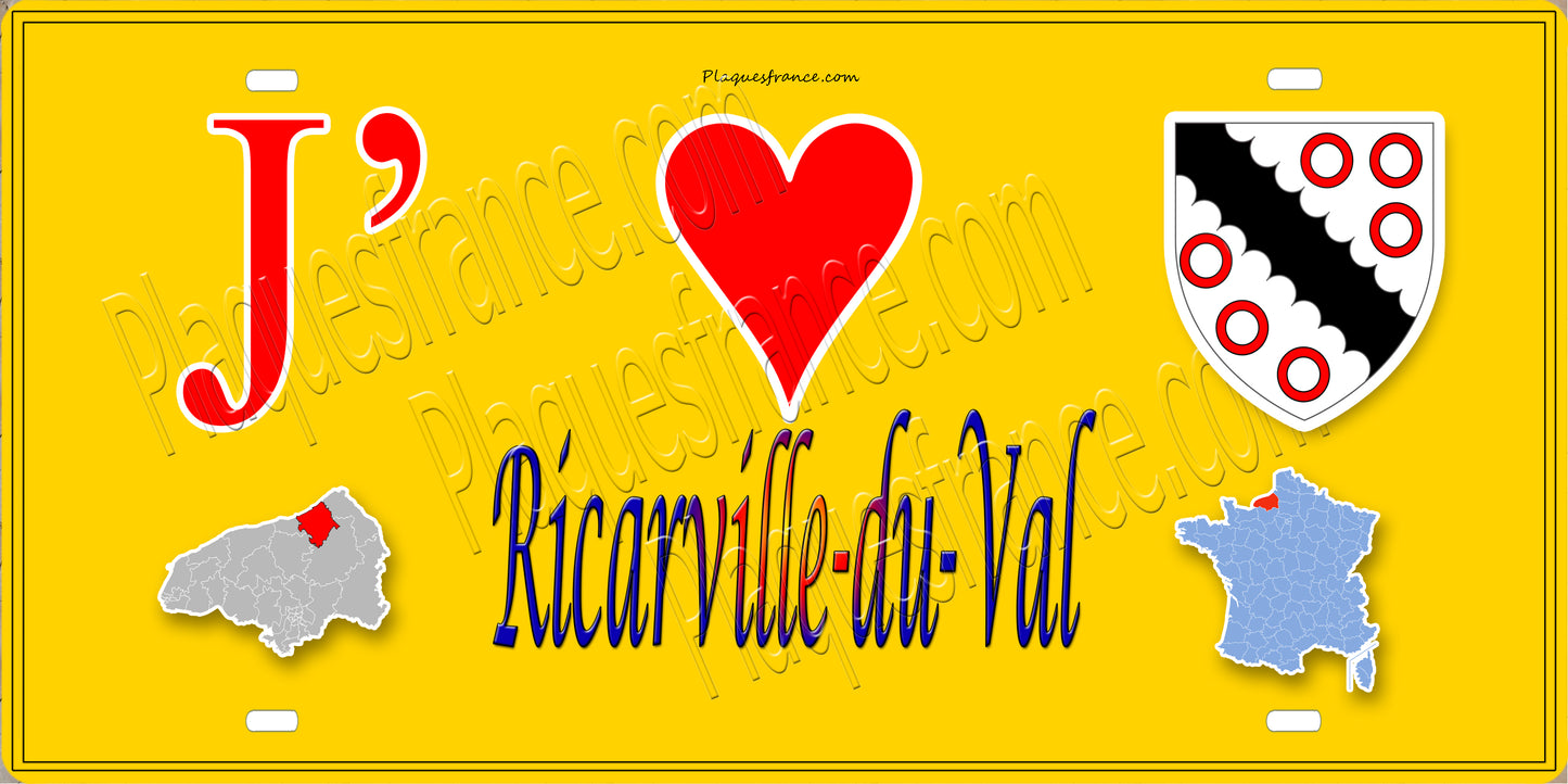 Plaque métal décorative  J' ❤️ Ricarville-du-Val, Seine Maritime (76) jaune carte