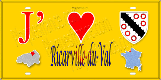 Plaque métal décorative  J' ❤️ Ricarville-du-Val, Seine Maritime (76) jaune carte