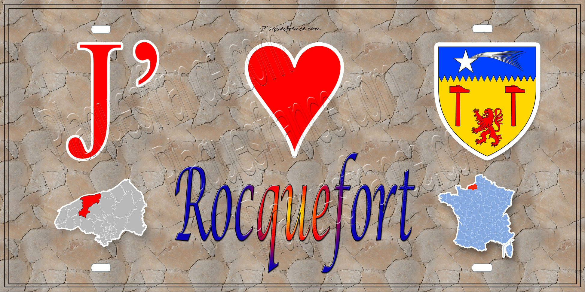 Plaque métal décorative 15X30 J' ❤️ Rocquefort, Seine Maritime (76) antique carte