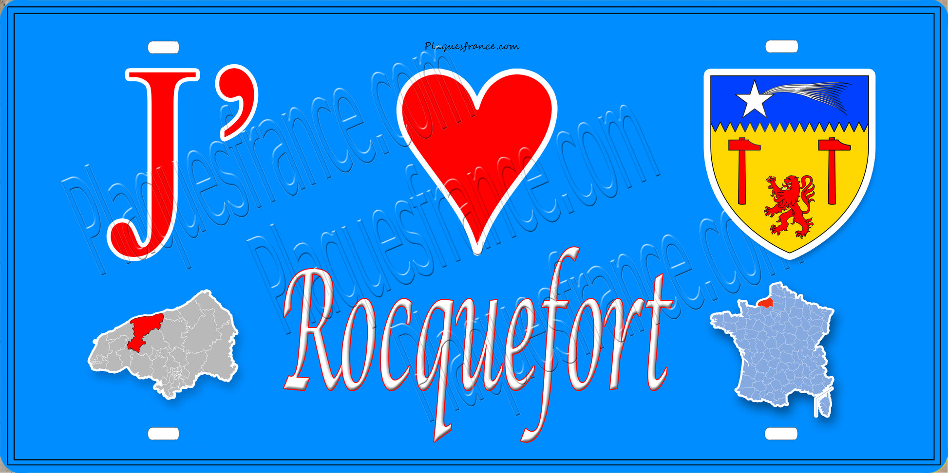 Plaque métal décorative 15X30 J' ❤️ Rocquefort, Seine Maritime (76) bleu carte