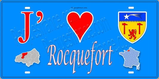 Plaque métal décorative 15X30 J' ❤️ Rocquefort, Seine Maritime (76) bleu carte