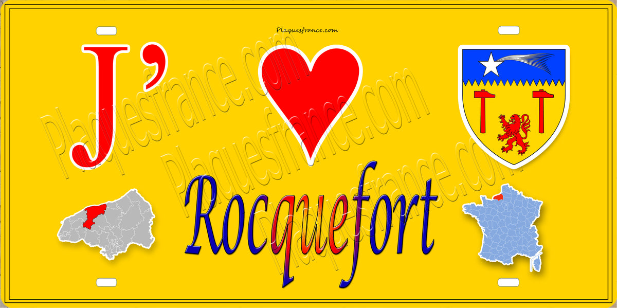 Plaque métal décorative 15X30 J' ❤️ Rocquefort, Seine Maritime (76) jaune carte