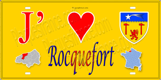 Plaque métal décorative 15X30 J' ❤️ Rocquefort, Seine Maritime (76) jaune carte