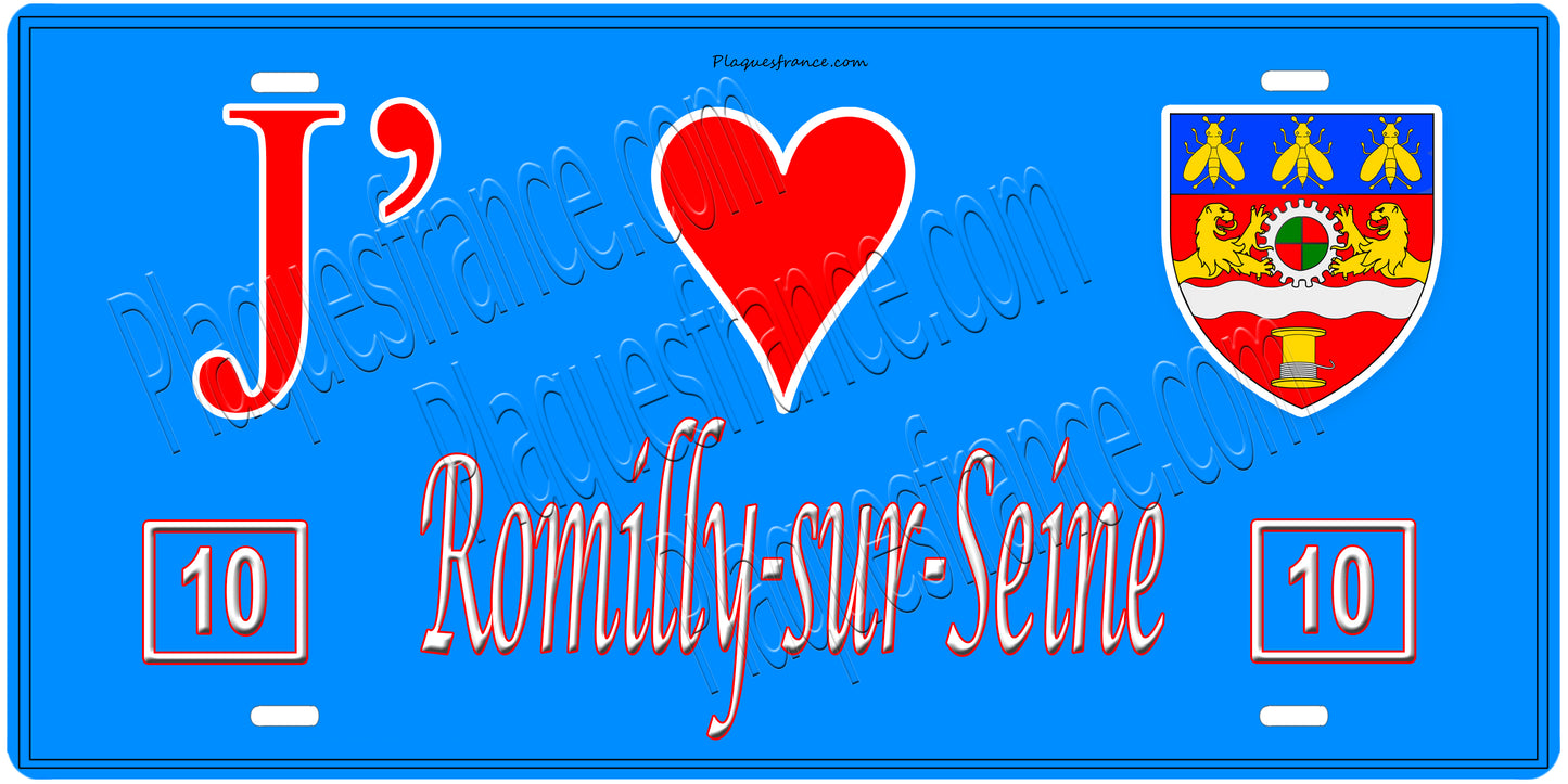 Plaque métal décorative, J' ❤️Romilly-sur-Seine, Aube, fond  mur bleu 10