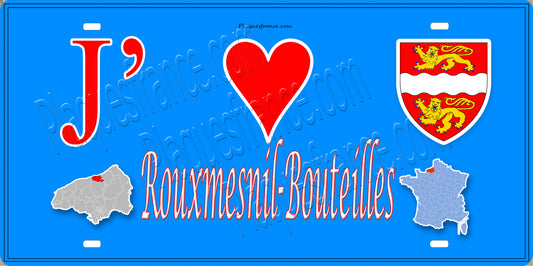 Plaque métal décorative 15x30 J' ❤️ Rouxmesnil-Bouteilles, Seine Maritime (76) bleu carte