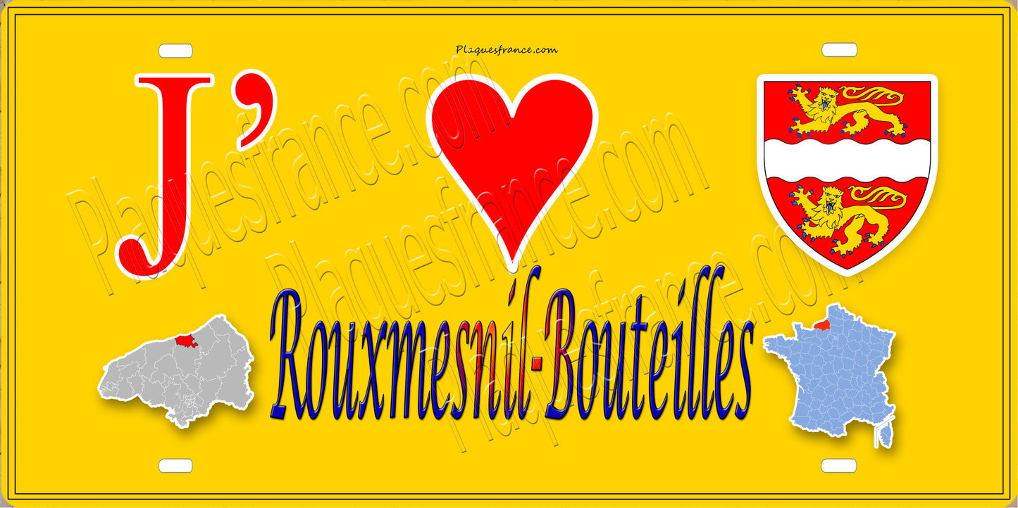 Plaque métal décorative 15x30 J' ❤️ Rouxmesnil-Bouteilles, Seine Maritime (76) jaune carte