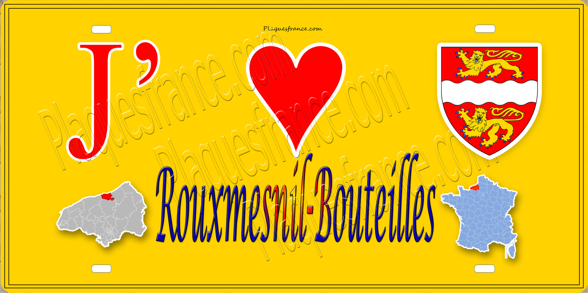 Plaque métal décorative 15x30 J' ❤️ Rouxmesnil-Bouteilles, Seine Maritime (76) jaune carte