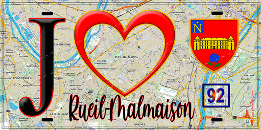 Plaque métal décorative  J' ❤️ Rueil-Malmaison, Hauts de Seine (92) fond carte
