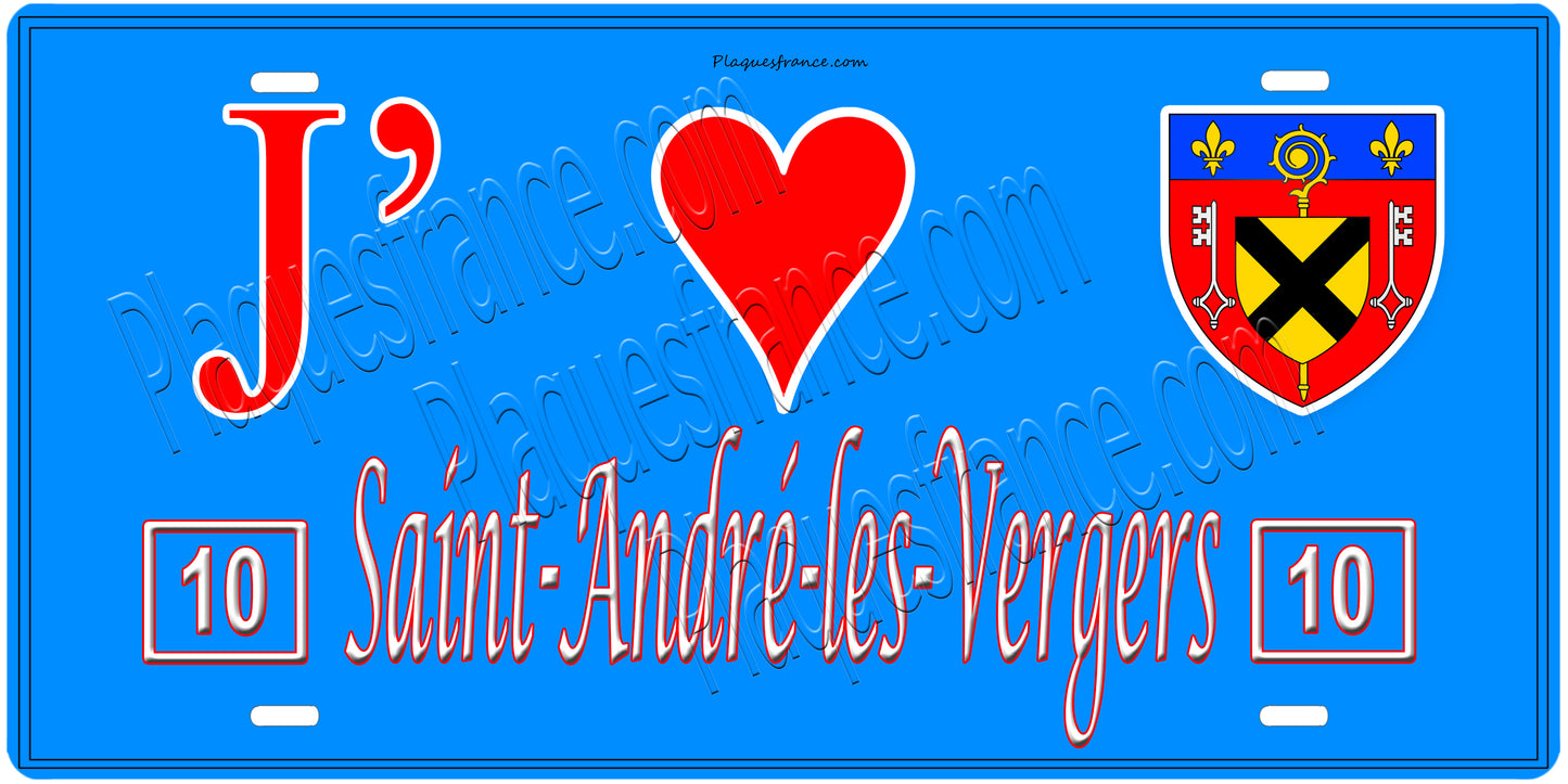 Plaque métal décorative, J' ❤️Saint-André-les-Vergers, Aube, fond  mur bleu 10