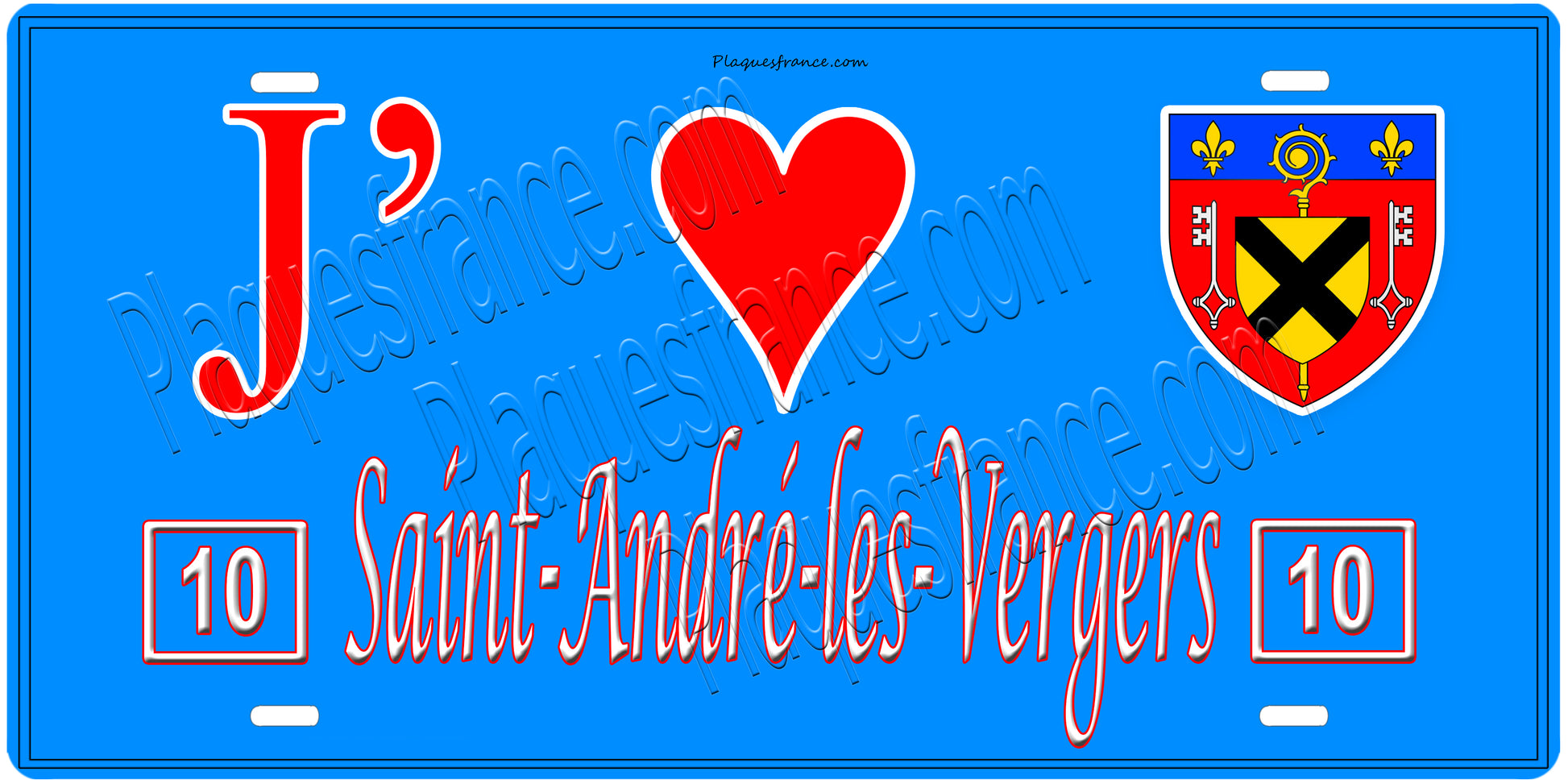 Plaque métal décorative, J' ❤️Saint-André-les-Vergers, Aube, fond  mur bleu 10