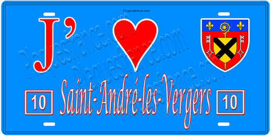 Plaque métal décorative, J' ❤️Saint-André-les-Vergers, Aube, fond  mur bleu 10