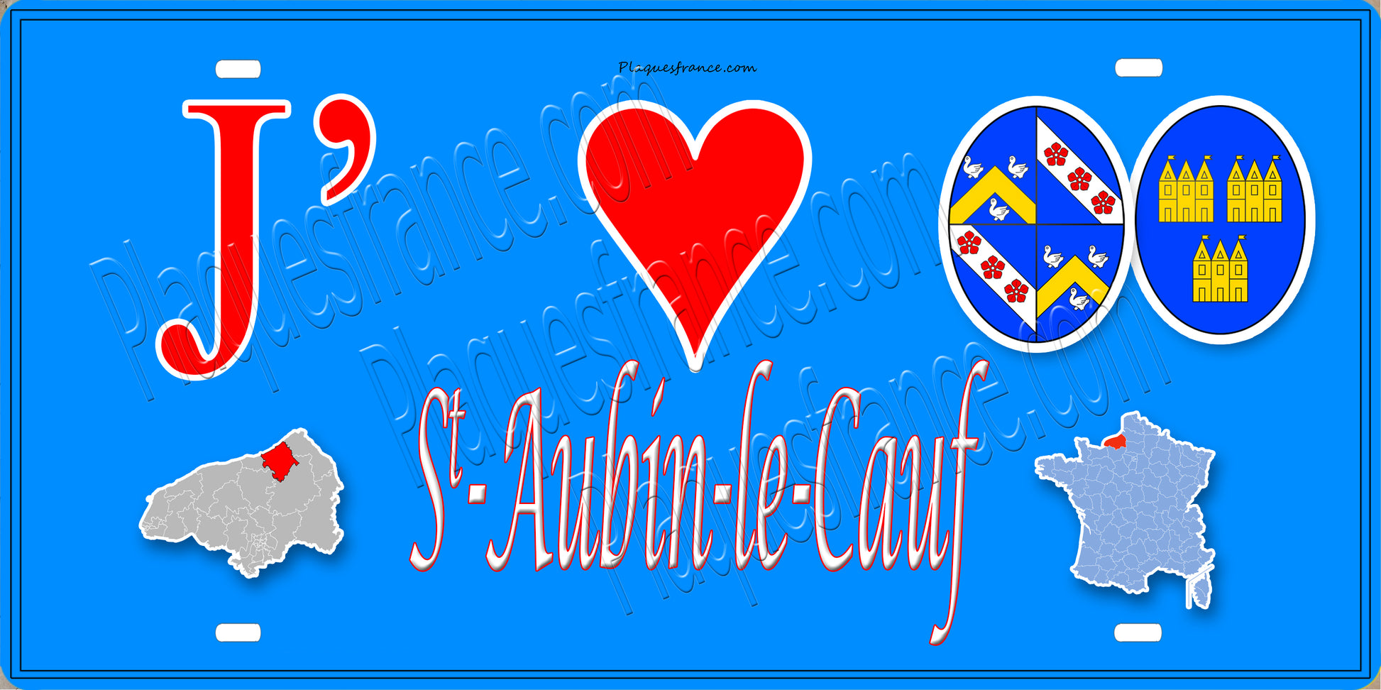 Plaque métal décorative 15x30 J' ❤️ Saint-Aubin-le-Cauf, Seine Maritime (76) bleu carte
