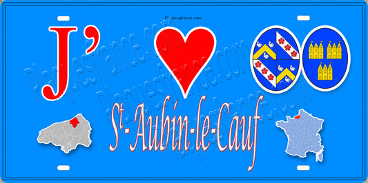 Plaque métal décorative 15x30 J' ❤️ Saint-Aubin-le-Cauf, Seine Maritime (76) bleu carte