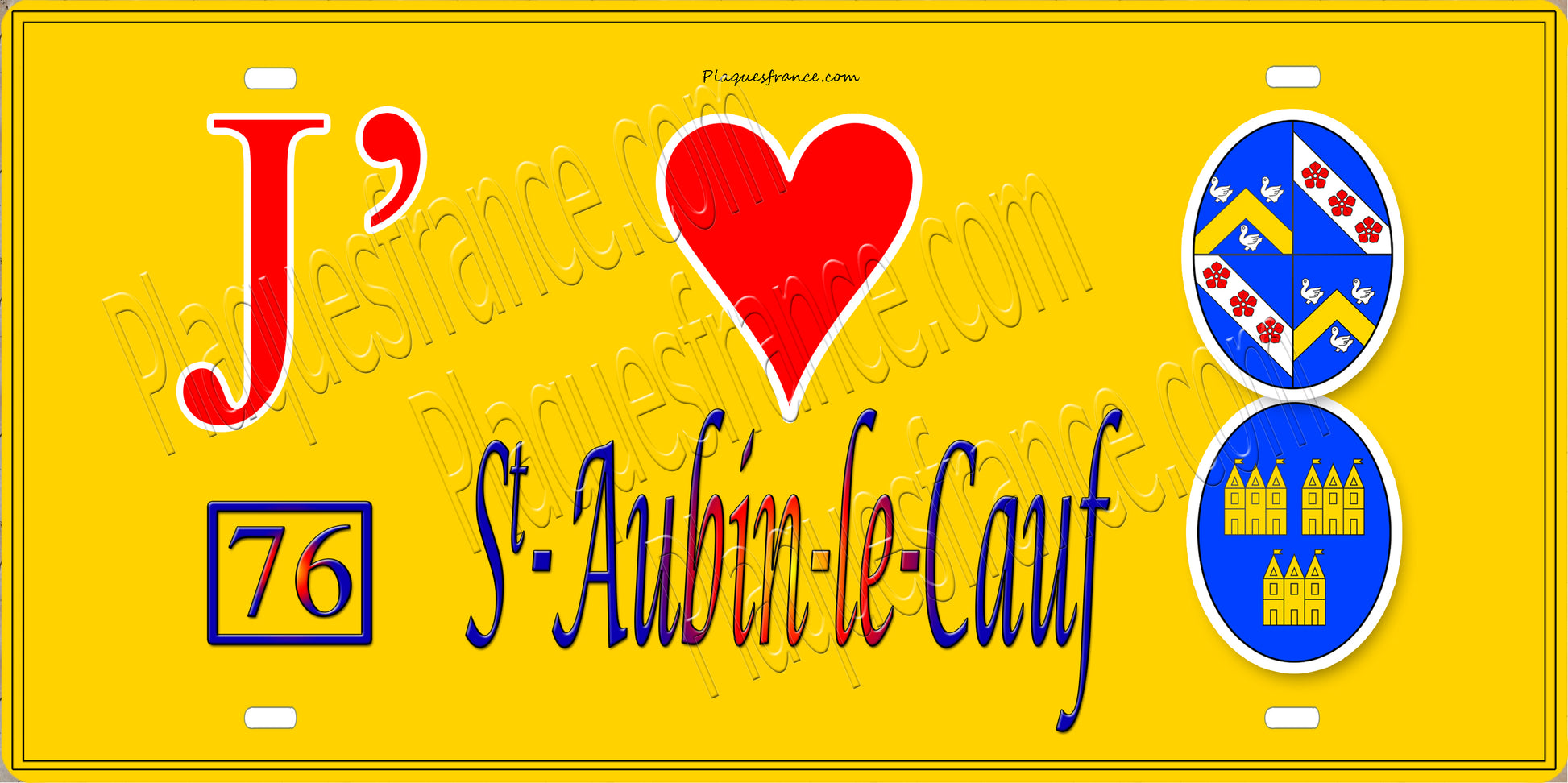 Plaque métal décorative 15x30 J' ❤️ Saint-Aubin-le-Cauf, Seine Maritime (76) jaune