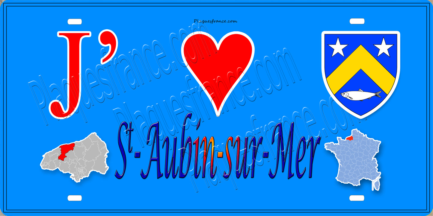 Plaque métal décorative 15X30 J' ❤️ Saint-Aubin-sur-Mer, Seine Maritime (76) bleu carte