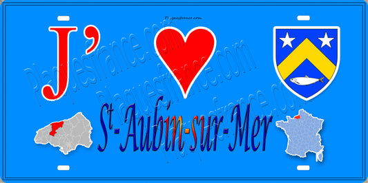 Plaque métal décorative 15X30 J' ❤️ Saint-Aubin-sur-Mer, Seine Maritime (76) bleu carte