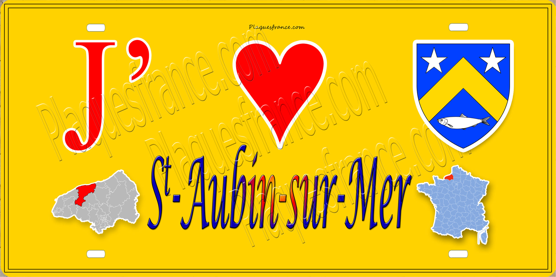 Plaque métal décorative 15X30 J' ❤️ Saint-Aubin-sur-Mer, Seine Maritime (76) jaune carte