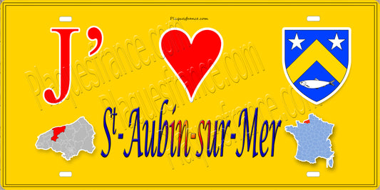 Plaque métal décorative 15X30 J' ❤️ Saint-Aubin-sur-Mer, Seine Maritime (76) jaune carte