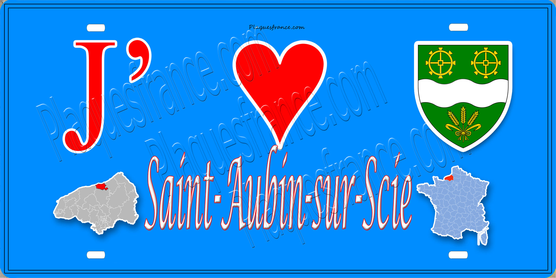 Plaque métal décorative 15x30 J' ❤️ Saint-Aubin-sur-Scie, Seine Maritime (76) bleu carte
