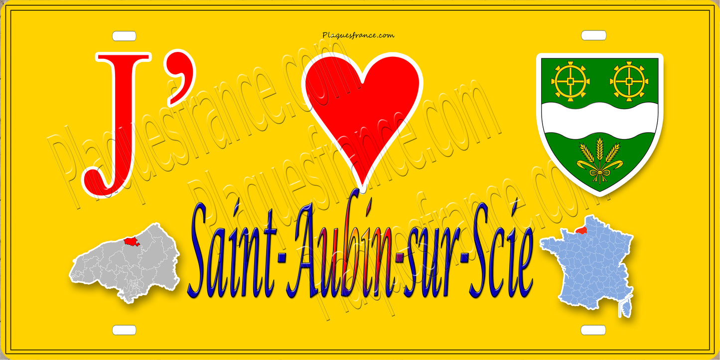 Plaque métal décorative 15x30 J' ❤️ Saint-Aubin-sur-Scie, Seine Maritime (76) jaune carte