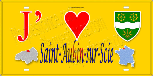Plaque métal décorative 15x30 J' ❤️ Saint-Aubin-sur-Scie, Seine Maritime (76) jaune carte