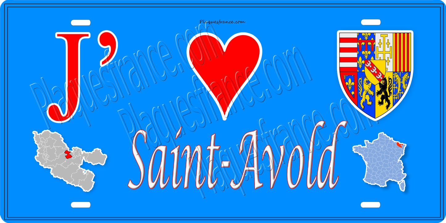Plaque métal décorative 15 x 30 cm fond mur bleu carte J' ❤️ Saint-Avold, canton Saint-Avold Moselle 57