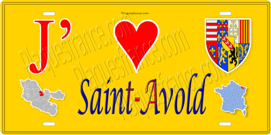 Plaque métal décorative 15 x 30 cm fond mur jaune carte J' ❤️ Saint-Avold, canton Saint-Avold Moselle 57