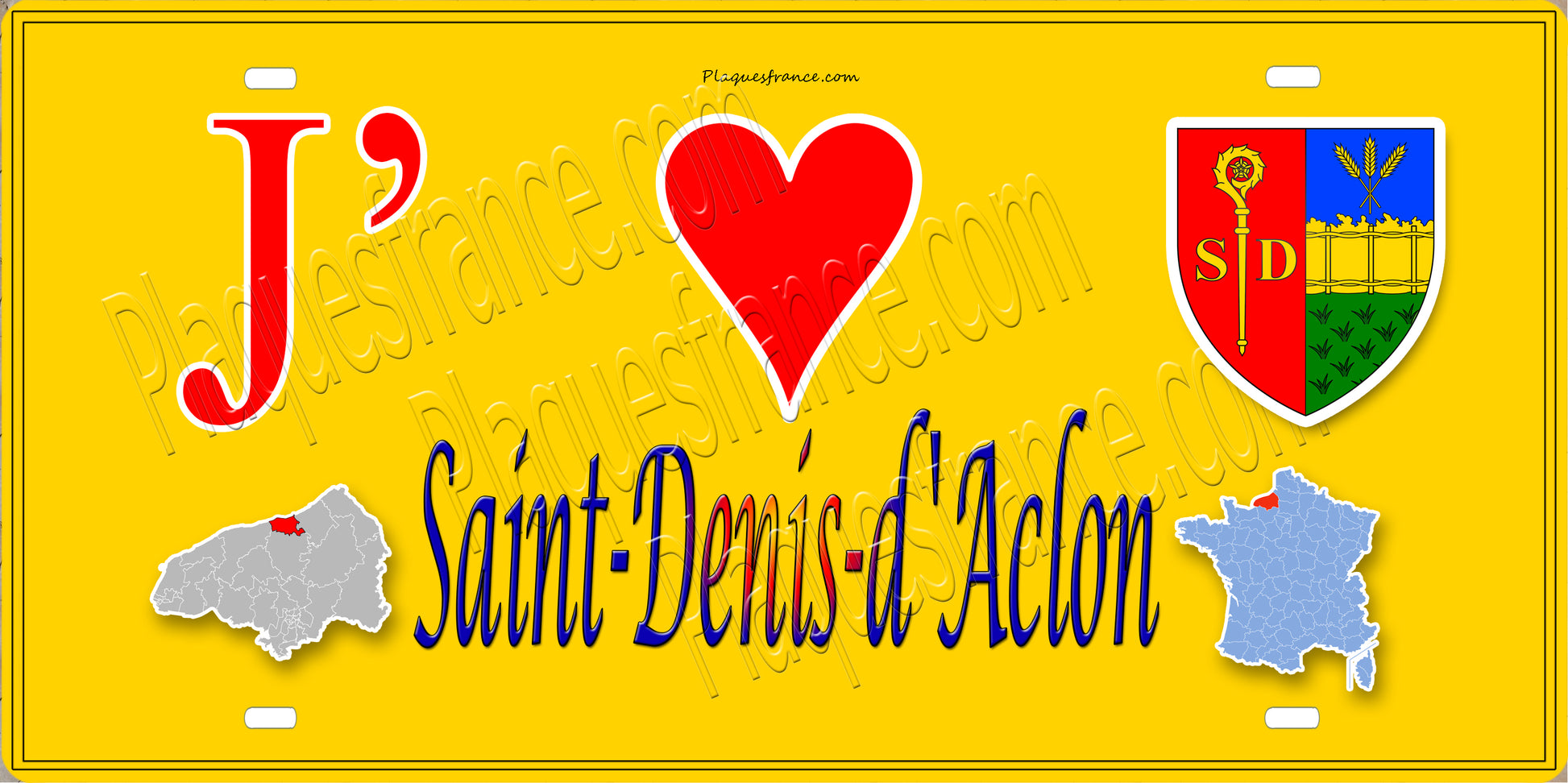 Plaque métal décorative 15x30 J' ❤️ Saint-Denis-d'Aclon, Seine Maritime (76) jaune carte