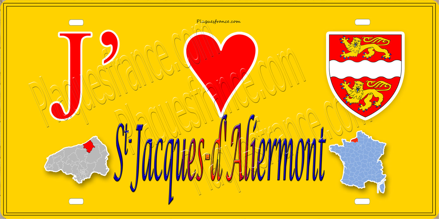 Plaque métal décorative 15x30 J' ❤️ Saint-Jacques-d'Aliermont, Seine Maritime (76) jaune carte